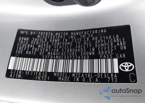 2025 Toyota Corolla Le z USA, uszkodzony, nr VIN 5YFB4MDEXSP234360